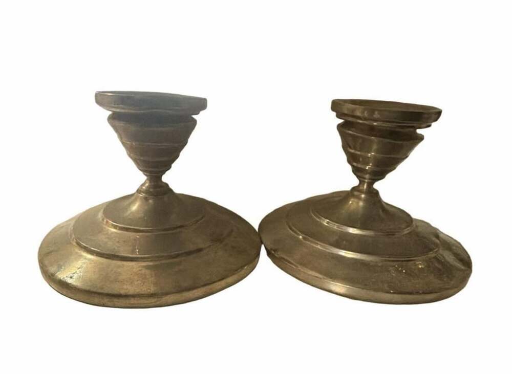 Vintage International Silver Co. Pewter Wide Base Candlestick Holders Pair - Mod